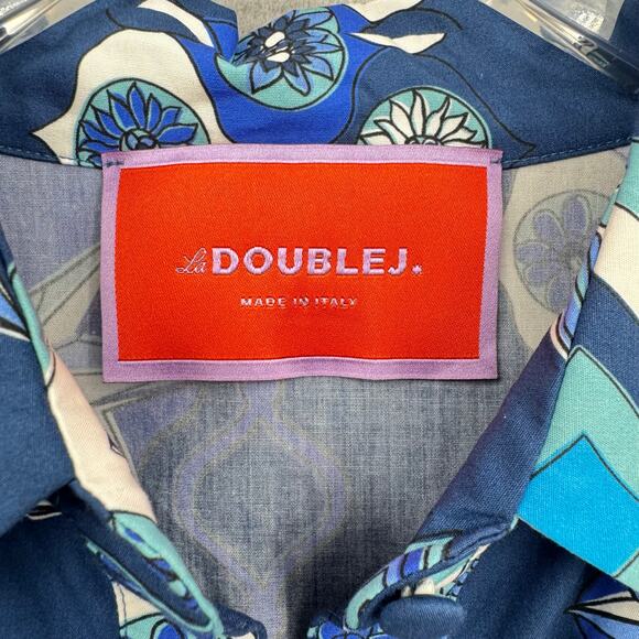 La Double J Choux Costiera Blue Print Flounce Cotton Poplin Mini Shirt Dress - Picture 14 of 16